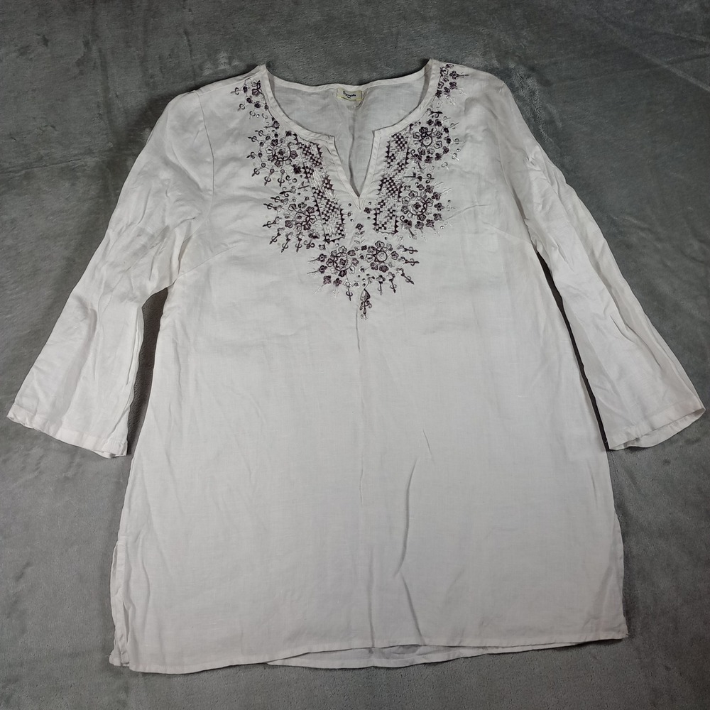 Symple NYC Linen Tunic Women L White Purple Embroidered Boho Peasant Sequin Top